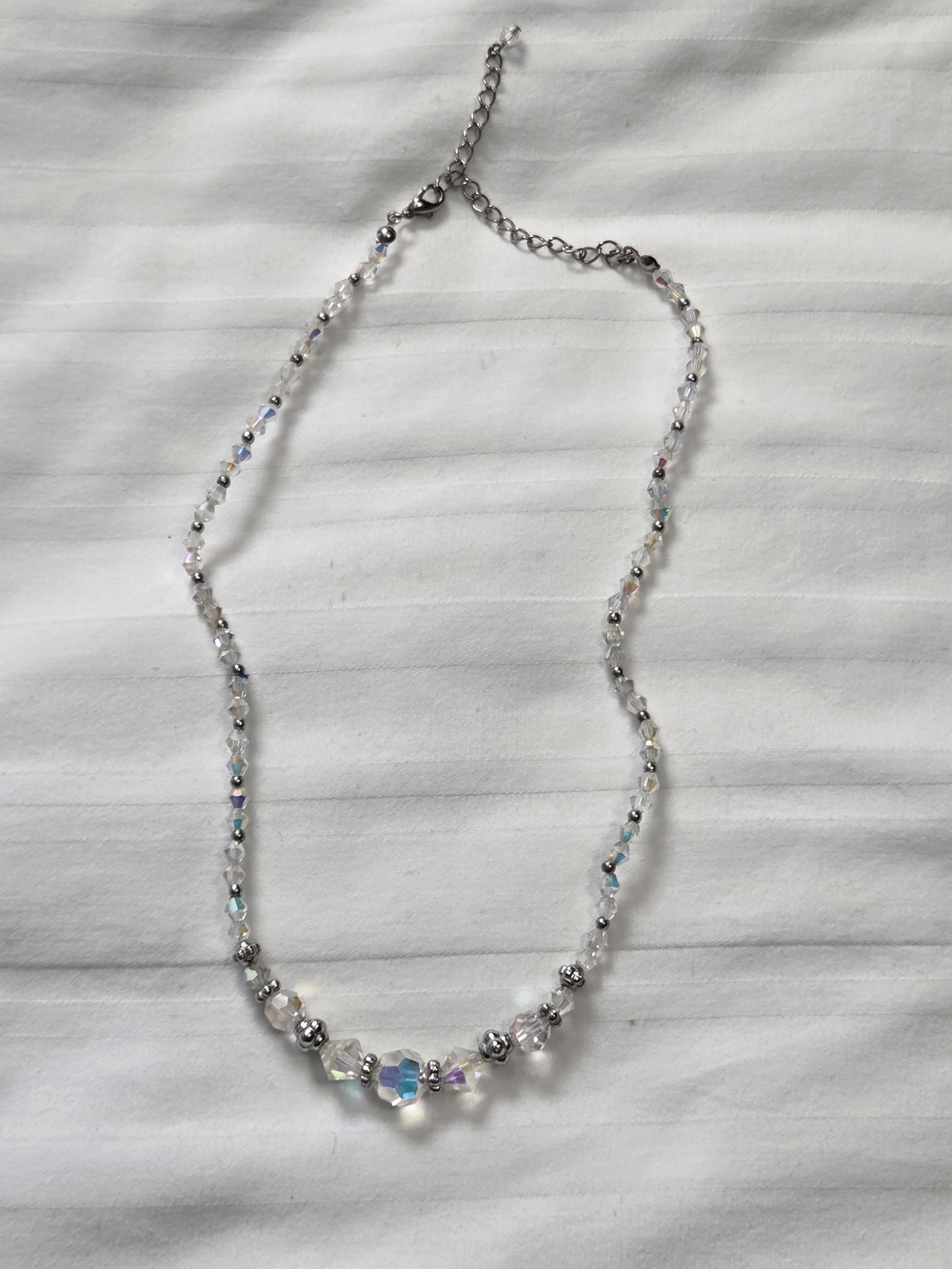 Aurora Borealis Iridescent Crystal Beaded Choker Necklace with Silver Accents